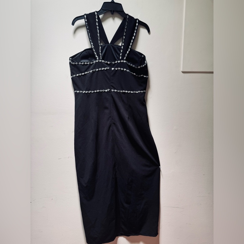 Rhinestone Split Back Fitted Dress - Black - image 6